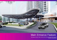 the main entrance of a building with a car parked in front of it