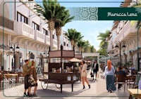 an artist's rendering of a street with palm trees and people